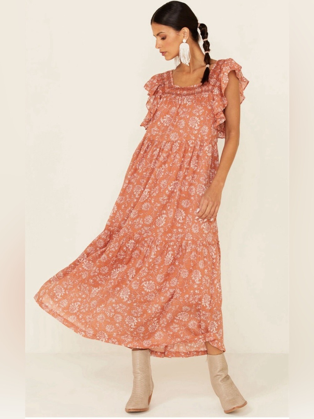 Free People 100% Cotton Terracotta Floral Maxi Dress with Ruffle Sleeves‎